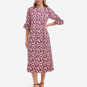 Draper James Crewneck Mid Dress in Hammered Satin Burgundy and Cream Floral